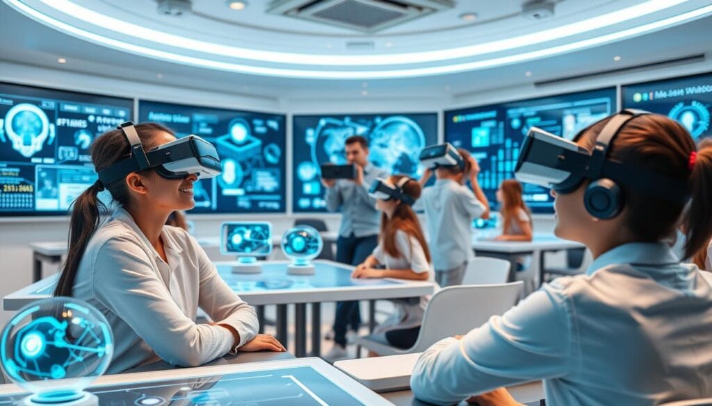 Futuristic classroom with VR/AI hybrid learning environment Futuristic classroom with VR/AI hybrid learning environment