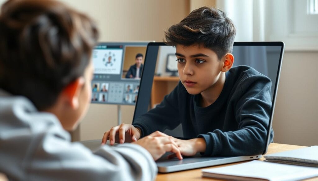 Student interacting with an AI tutoring system on a computer Student interacting with an AI tutoring system on a computer